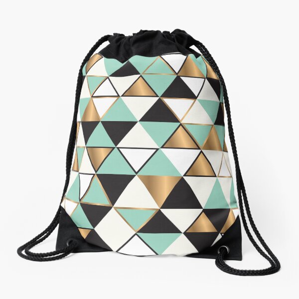 Abstract triangles in gold, black and turquoise Drawstring Bag
