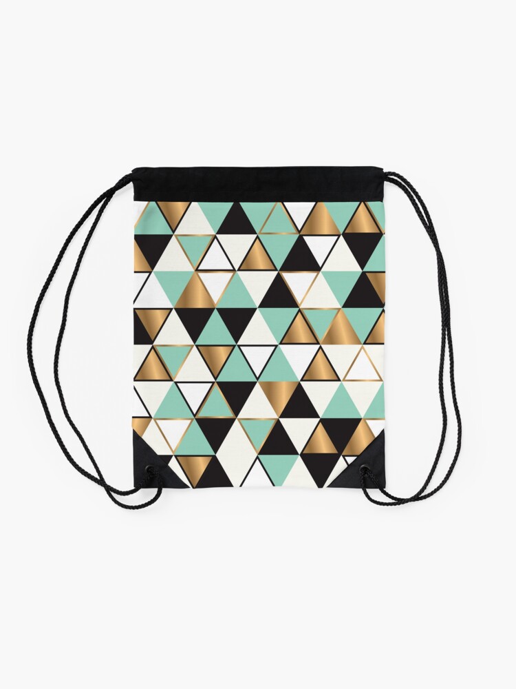 Alternate view of Abstract triangles in gold, black and turquoise Drawstring Bag