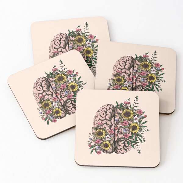 Item preview, Cerebro, hojas, flores rosas y girasoles, positividad, creatividad, cerebro del hemisferio derecho, salud, mental, designed and sold by Collagedream.
