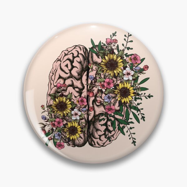 Item preview, Brain, leaves, pink flowers and sunflowers, Positivity, creativity, right hemisphere brain, health, Mental,  designed and sold by Collagedream.