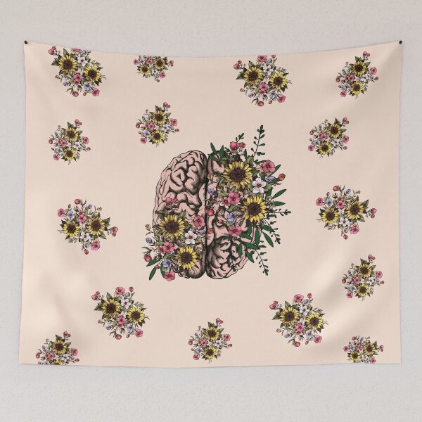 Artikelvorschau, Gehirn, Blätter, rosa Blumen und Sonnenblumen, Positivität, Kreativität, rechte Gehirnhälfte, Gesundheit, Mental, entworfen und verkauft von Collagedream.