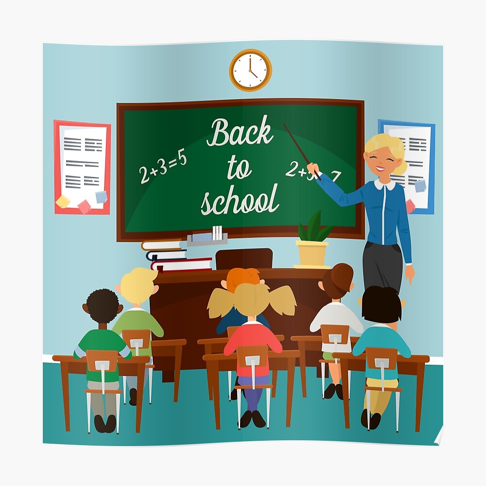 Zuruck Zur Schule Klassenzimmer Mit Kindern Lehrer An Der Tafel Bildungskonzept Classom Innenraum Schuler In Der Klasse Sticker Von Ivector Redbubble