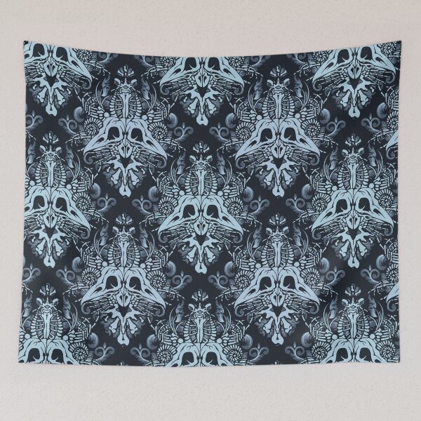 Item preview, Cobalt & Turquoise victorian gothic damask pattern made out of skulls and bones in teal and black designed and sold by RedFinchDesigns.