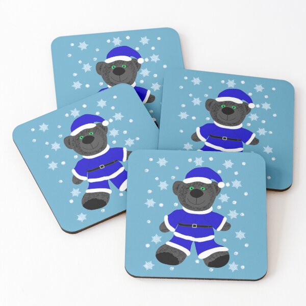 Item preview, Black teddy bear in blue Santa suit, snow star, crystal star designed and sold by CreaVisArt.