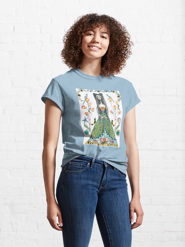 Alternate view of Long Hair Queen Mary of Scots portrait, Royal Woman, Floral background Classic T-Shirt