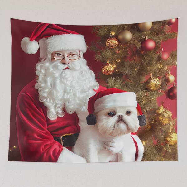Item preview, Santa Clause with cute puppy with Christmas hat and Christmas tree in background designed and sold by DigitalDreamArt.