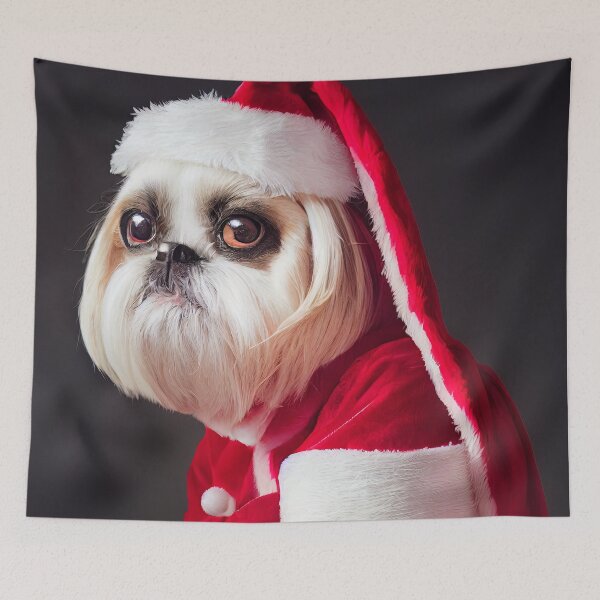 Item preview, Two cute dogs playing Santa Claus, Red Santa suit, big puppy eyes. designed and sold by DigitalDreamArt.