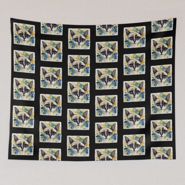 Item preview, Watercolor Siamese  Cat with Floral Print and Hand Drawn Border designed and sold by madtoyman.