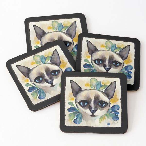 Item preview, Watercolor Siamese  Cat with Floral Print and Hand Drawn Border designed and sold by madtoyman.