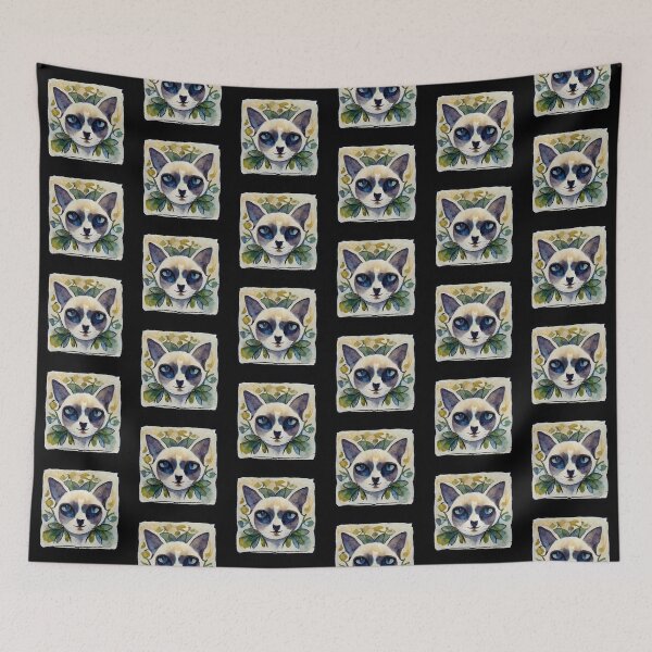 Item preview, Watercolor Siamese  Cat with Floral Print and Hand Drawn Border designed and sold by madtoyman.