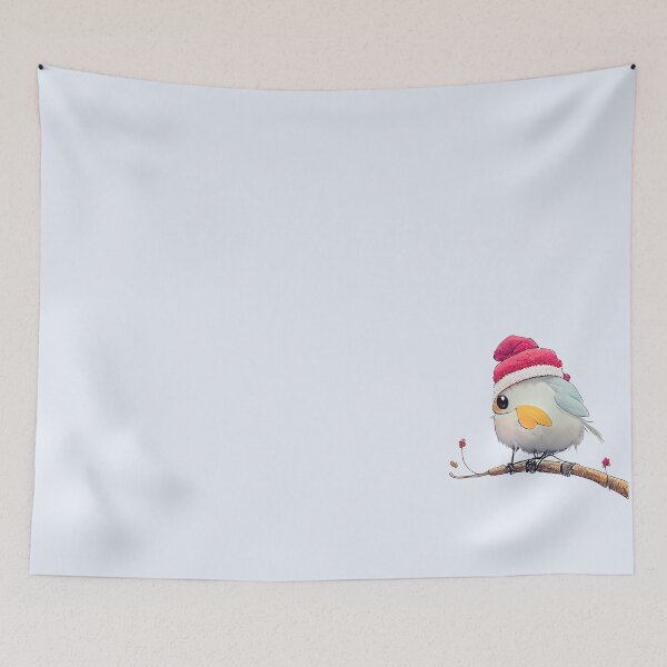 Item preview, Christmas fluffy bird in a Santa Claus hat sits on the branch designed and sold by KOTOdesign.