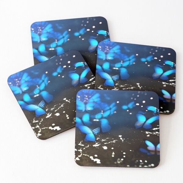 Item preview, blue glowing butterfly in night, in the woods, neon color #1 designed and sold by supeart.