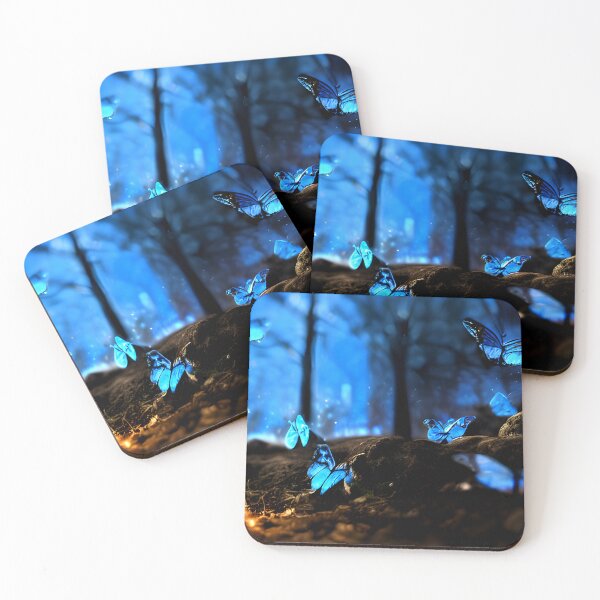 Item preview, blue glowing butterfly in night, in the woods, neon color #2 designed and sold by supeart.