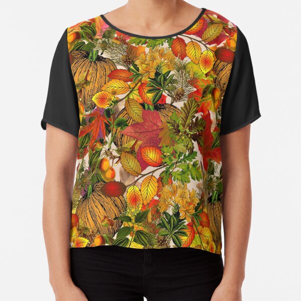 Autumn Fall Leaves Pumpkin Thanksgiving Seasonal Woodland Collage Chiffon Top