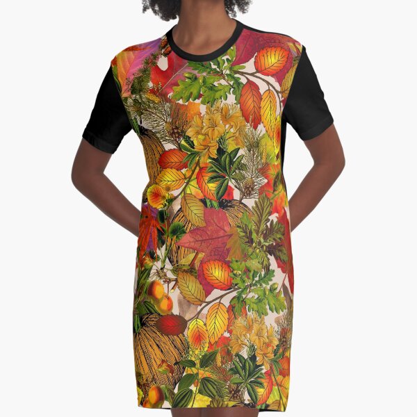 Autumn Fall Leaves Pumpkin Thanksgiving Seasonal Woodland Collage Graphic T-Shirt Dress