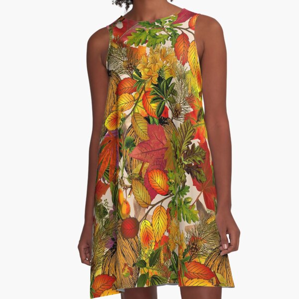 Autumn Fall Leaves Pumpkin Thanksgiving Seasonal Woodland Collage A-Line Dress