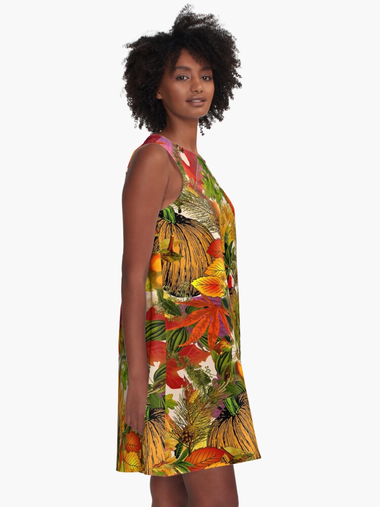 Alternate view of Autumn Fall Leaves Pumpkin Thanksgiving Seasonal Woodland Collage A-Line Dress