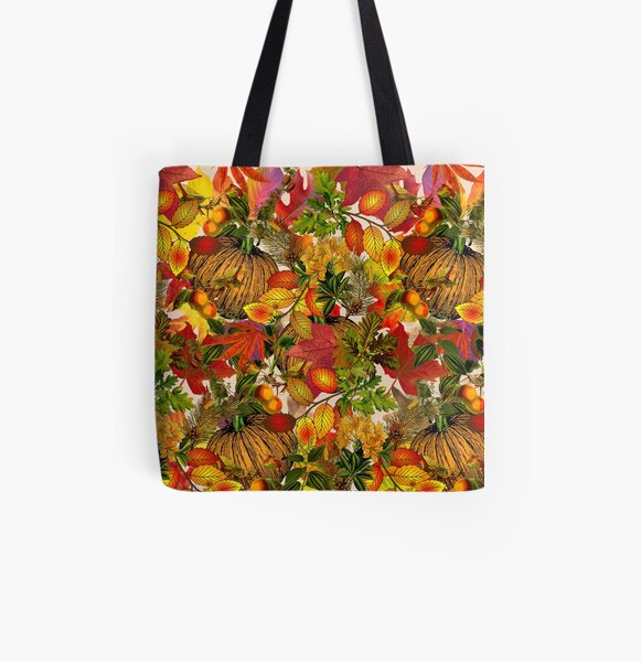 Autumn Fall Leaves Pumpkin Thanksgiving Seasonal Woodland Collage All Over Print Tote Bag