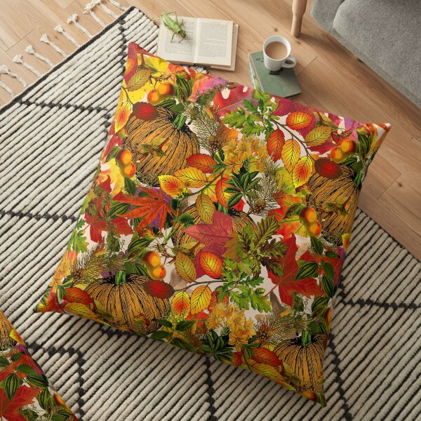 Autumn Fall Leaves Pumpkin Thanksgiving Seasonal Woodland Collage Floor Pillow