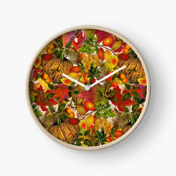 Autumn Fall Leaves Pumpkin Thanksgiving Seasonal Woodland Collage Clock