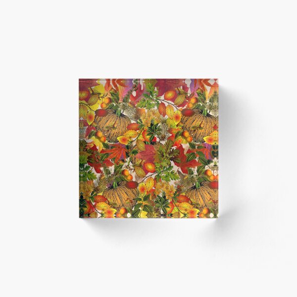 Autumn Fall Leaves Pumpkin Thanksgiving Seasonal Woodland Collage Acrylic Block