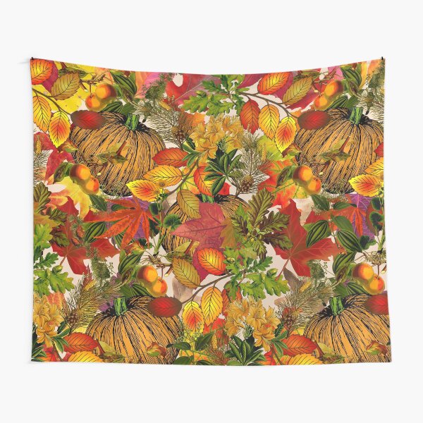 Autumn Fall Leaves Pumpkin Thanksgiving Seasonal Woodland Collage Tapestry