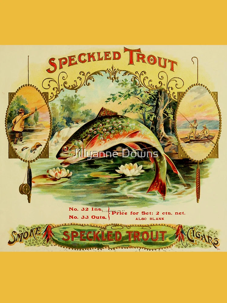 Cigar box label, vintage antique from 1905, speckled trout fly fishing  Tote Bag for Sale by Jillyanne Downs