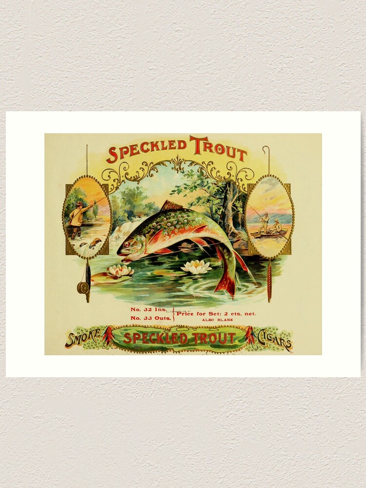 Cigar box label, vintage antique from 1905, speckled trout fly fishing Art  Print for Sale by Jillyanne Downs