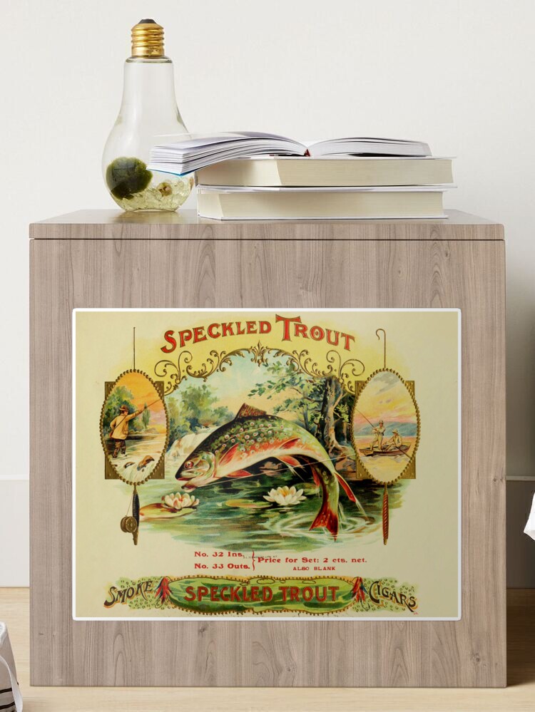 Cigar box label, vintage antique from 1905, speckled trout fly fishing  Sticker for Sale by Jillyanne Downs