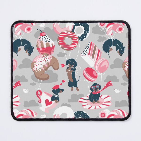 Item preview, Pastel café sweet love dream // grey background red pastry details blue dachshund dog puppies designed and sold by SelmaCardoso.