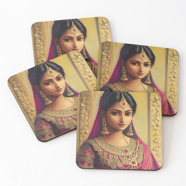 Item preview, Gorgeous Indian woman with black hair and a pink gold headpiece in a pink gold embellished dress | Indian beauty collection designed and sold by Artobot.
