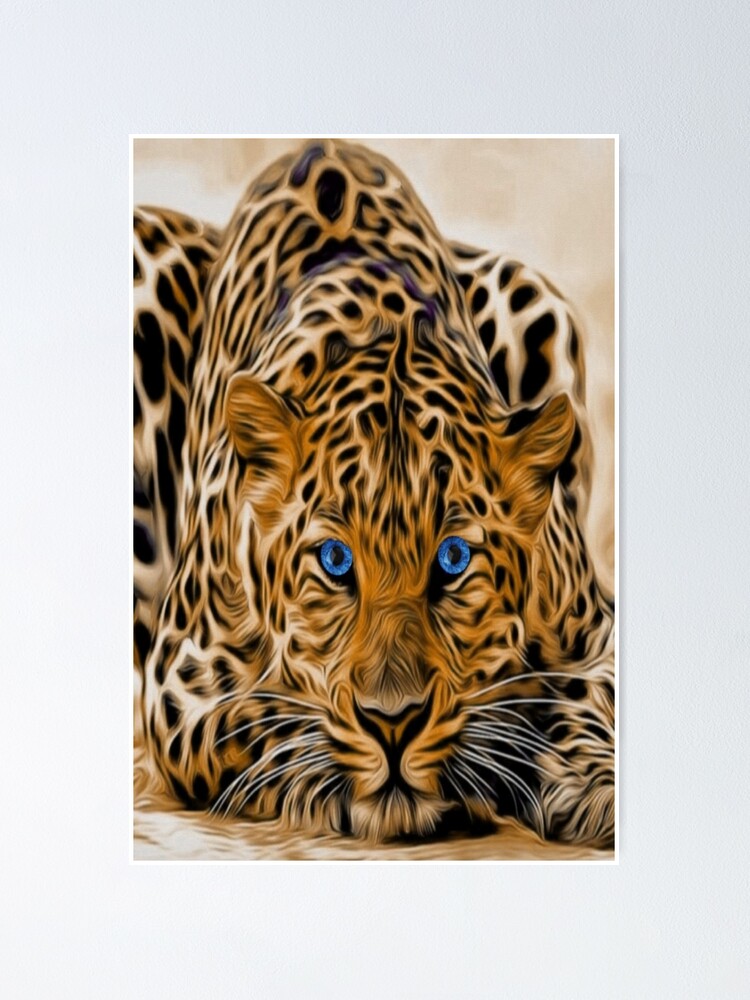 Poster Chat Leopard Yeux Bleus Lumineux Avec Des Taches Orange Et Noires Par Killslammer Redbubble