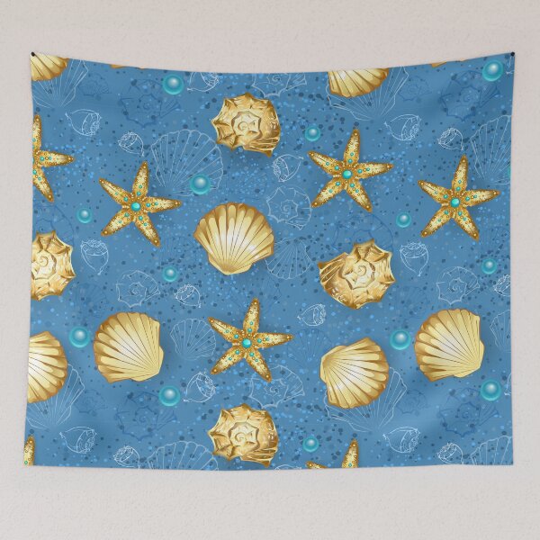 Item preview, Blue seamless of gold seashells designed and sold by Blackmoon9.