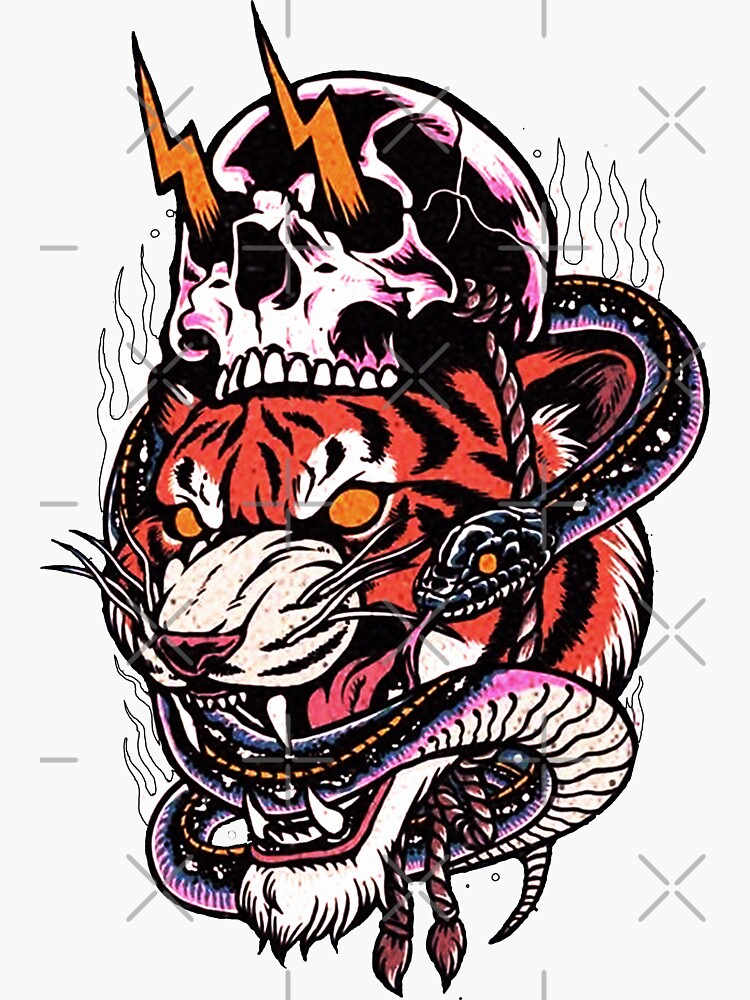 "Traditional Tiger and Snake and Skull Tattoo" Sticker for Sale by ...