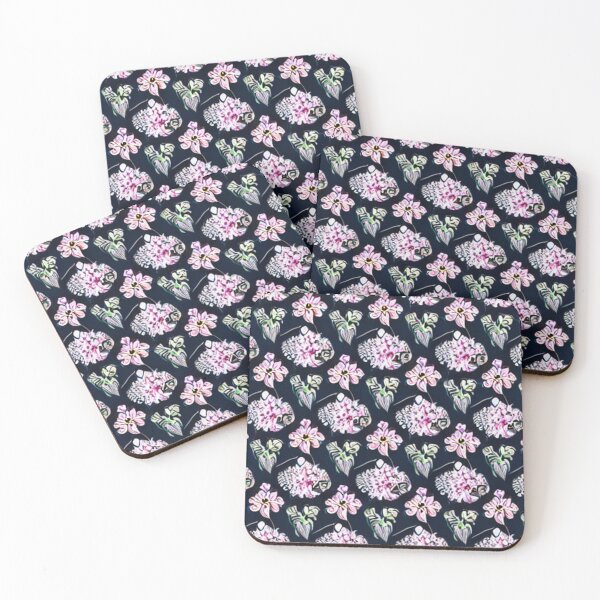 Item preview, Patterns of pink flowers, green leaves and black background designed and sold by ArteEterno.