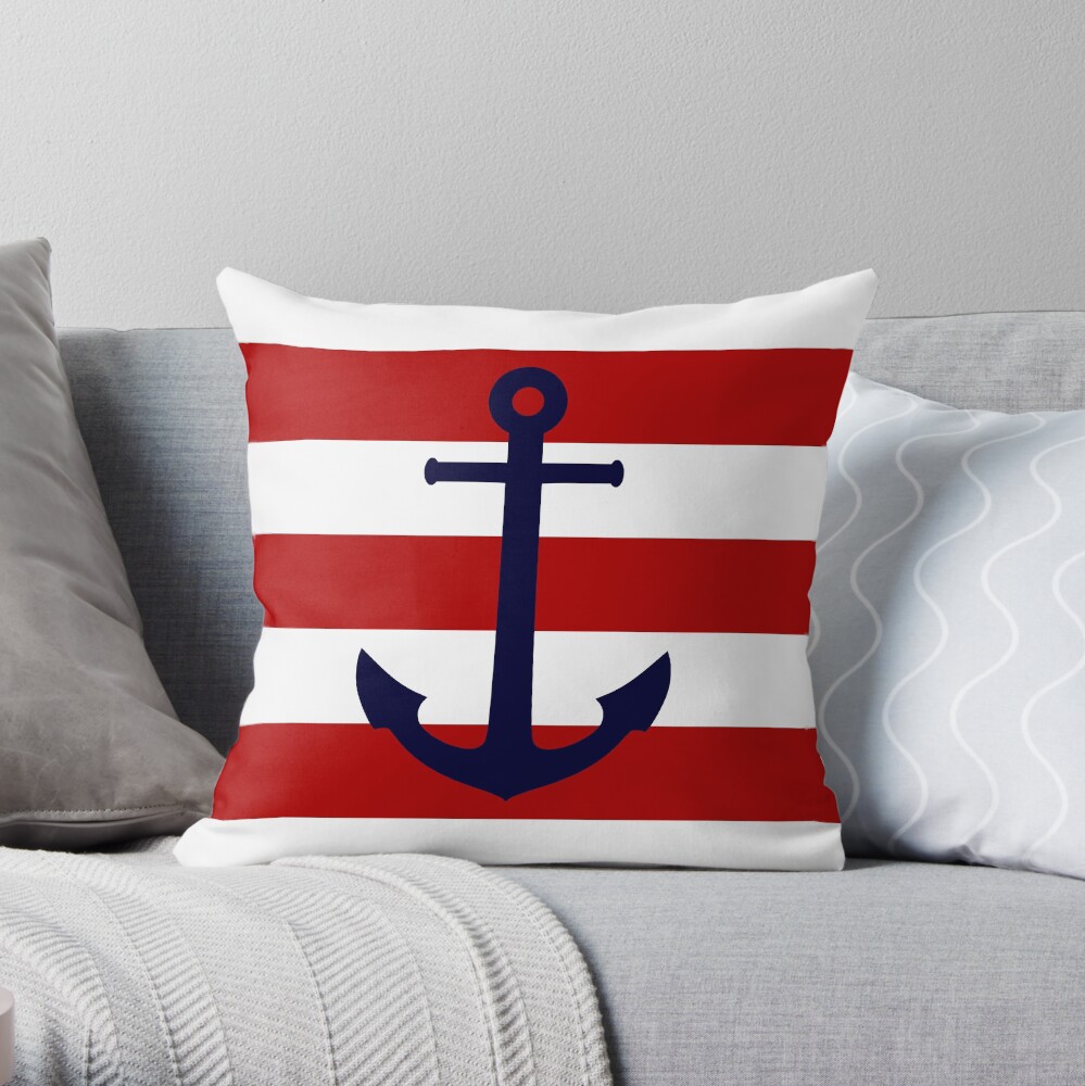 Nautical Navy Blue Anchor On Red Stripes Throw Pillow