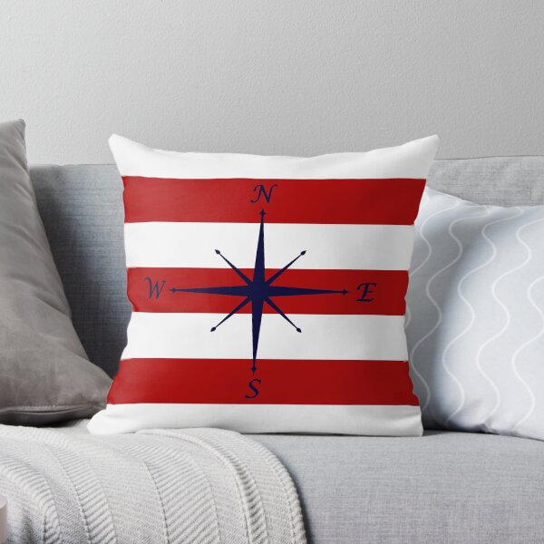Nautical Navy Blue Compass On Red and White Stripes Throw Pillow