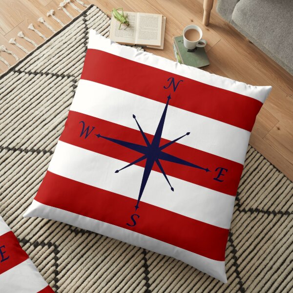 Nautical Navy Blue Compass On Red and White Stripes Floor Pillow