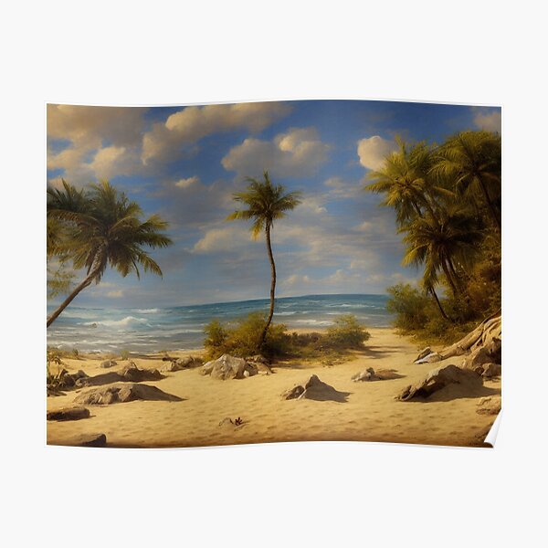 "Tropical Beach Palm trees sway over the shaded rocks and sand while
