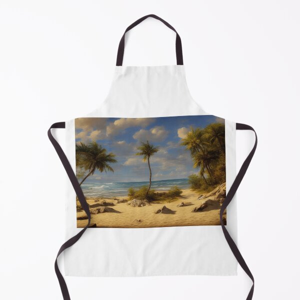 Item preview, Tropical Beach- Palm trees sway over the shaded rocks and sand while ocean waves crash in the distance under a cloudy sky. Digital art. designed and sold by Bookwyrm-Bazaar.