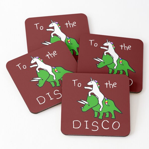 Item preview, To The Disco (Unicorn Riding Triceratops) dark red background designed and sold by jezkemp.