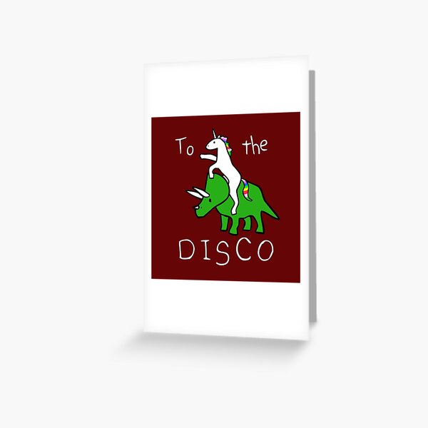 To The Disco (Unicorn Riding Triceratops) dark red background Greeting Card
