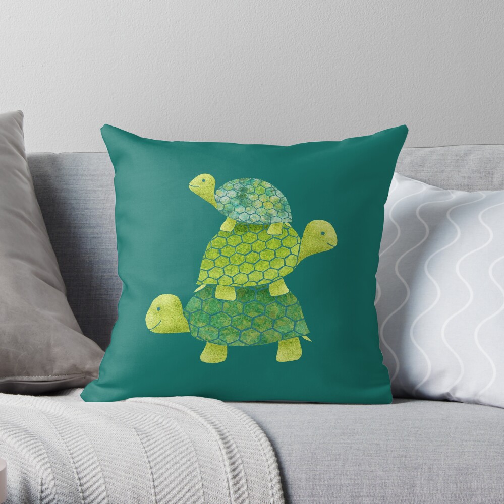 Cute Turtle Stack in Teal, Lime Green and Turquoise Throw Pillow