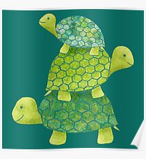 Cute Turtle Stack in Teal, Lime Green and Turquoise Poster