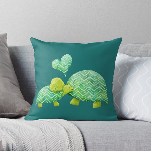 Sweet Turtle Hugs with Heart in Teal, Lime Green and Turquoise Throw Pillow