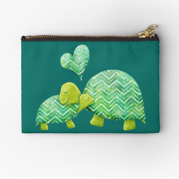Sweet Turtle Hugs with Heart in Teal, Lime Green and Turquoise Zipper Pouch