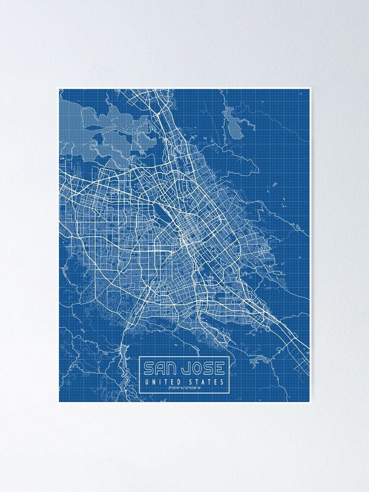 "San Jose City Map of California, USA - Blueprint" Poster for Sale by 