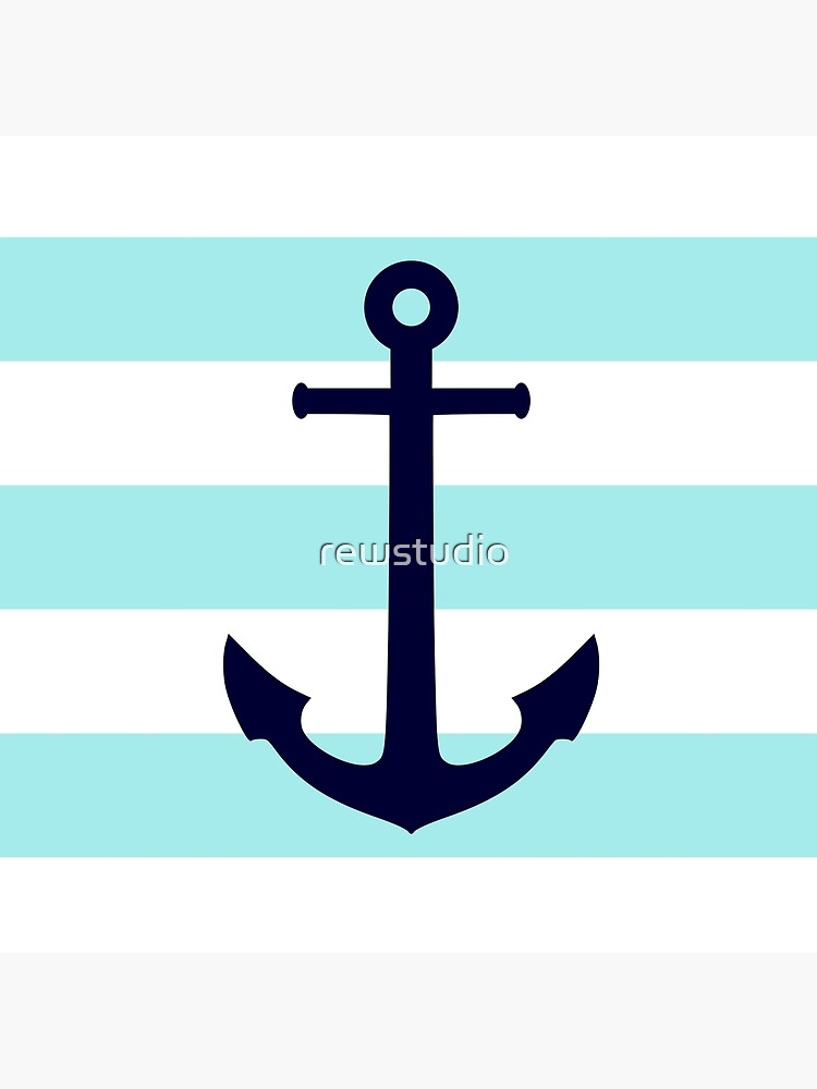 Nautical Navy Blue Anchor On Cyan Stripes by rewstudio