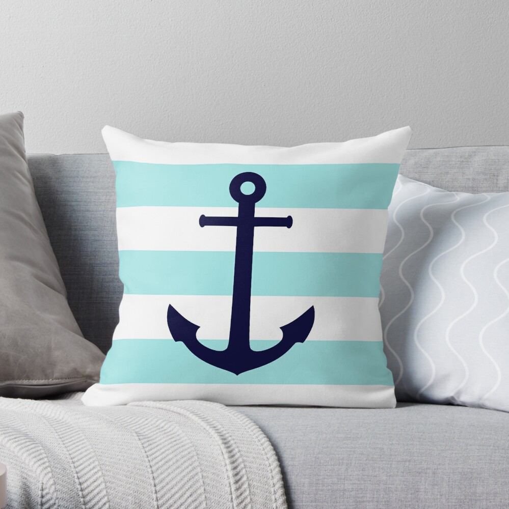 Nautical Navy Blue Anchor On Cyan Stripes Throw Pillow