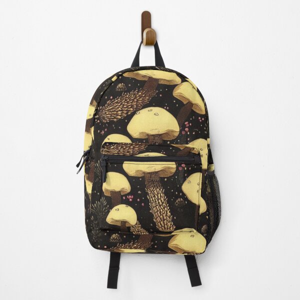 Item preview, Cottagecore yellow mushrooms and pinecones pattern on dark background designed and sold by MagicStrawberry.